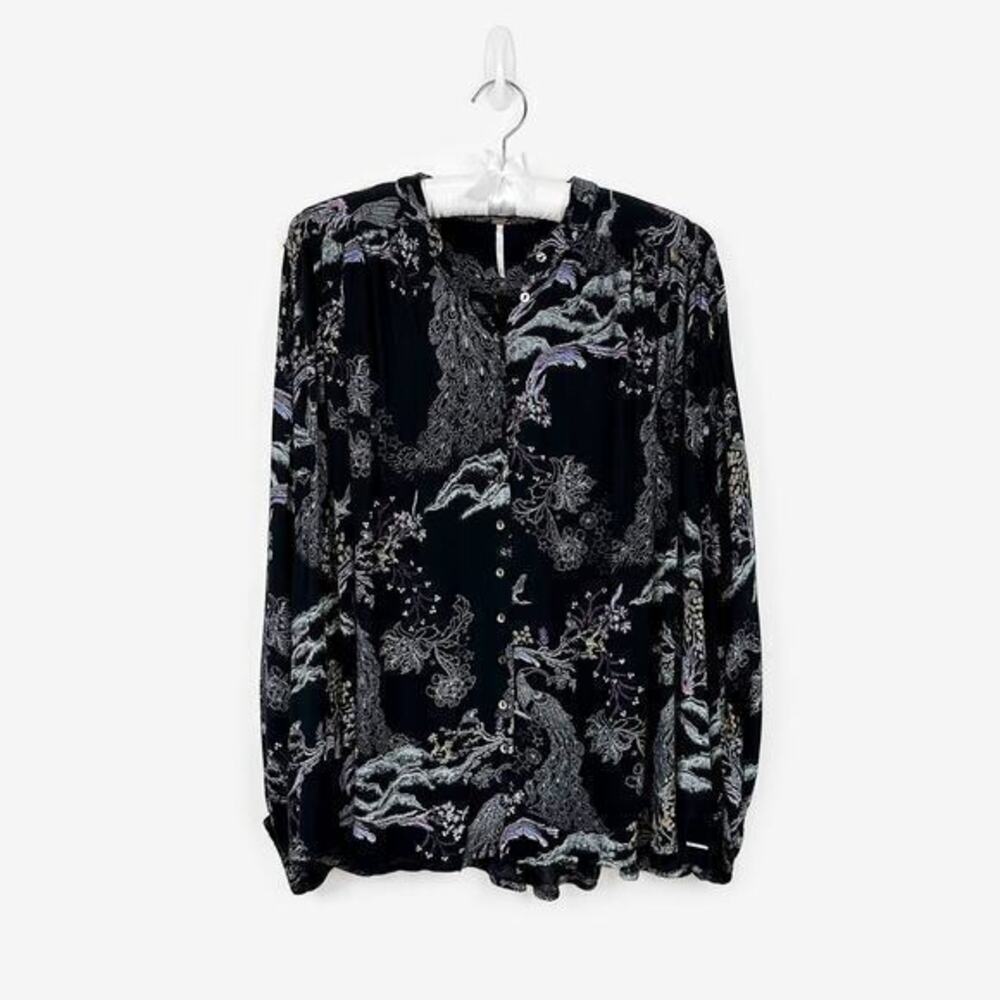 Free People Metallic Blooms Printed Top Size XS Black Floral Oversized Boho